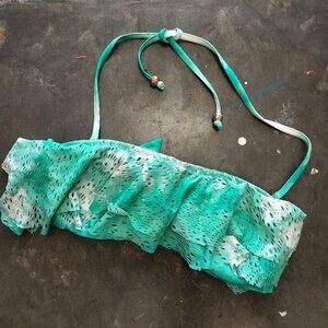 Vintage OP Ruffle Bandeau Bikini Swim Top Mint Green & White